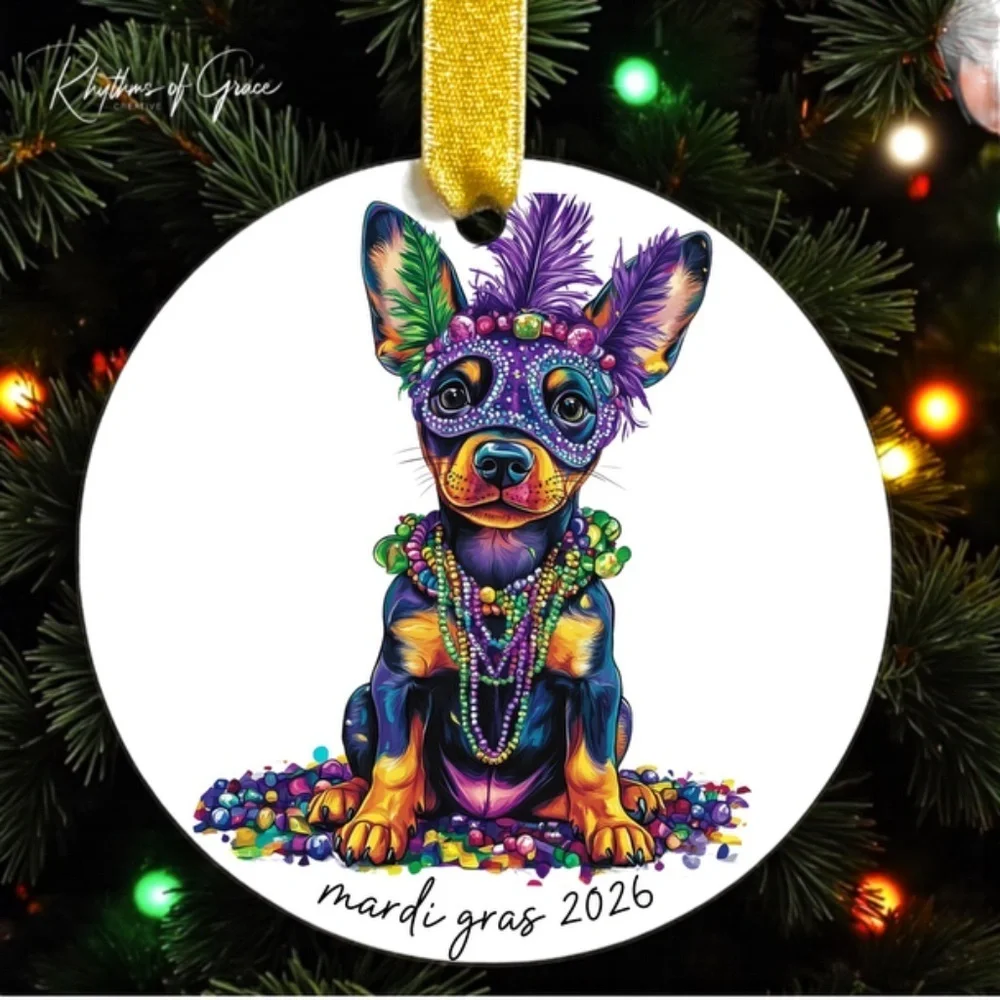 Mardi Gras Doberman Pinscher Christmas Ornament, Dog Lover Keepsake, Personalize